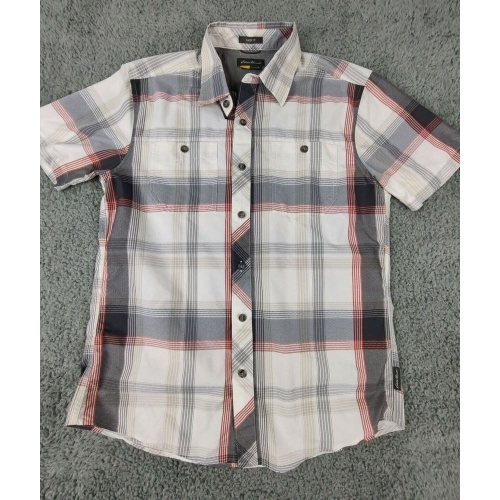 Eddie Bauer Shirt Men's M Gray/Red Plaid Button Lightweight Short Sleeve